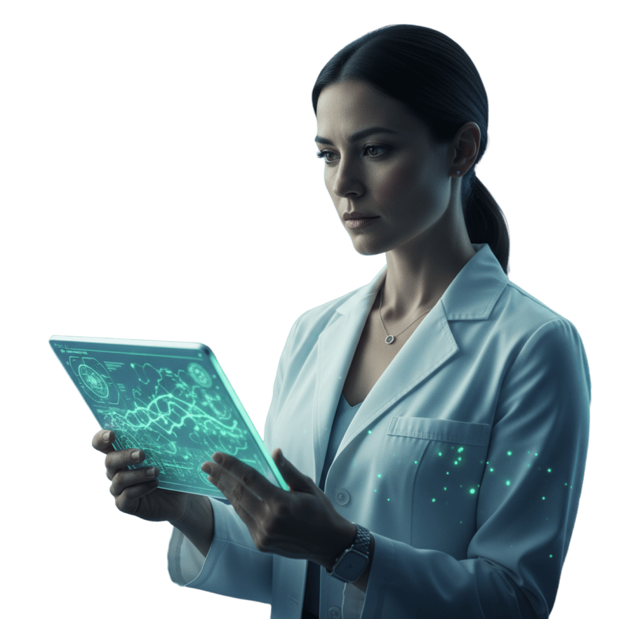 Healthcare professional reviewing scientific information on a digital tablet