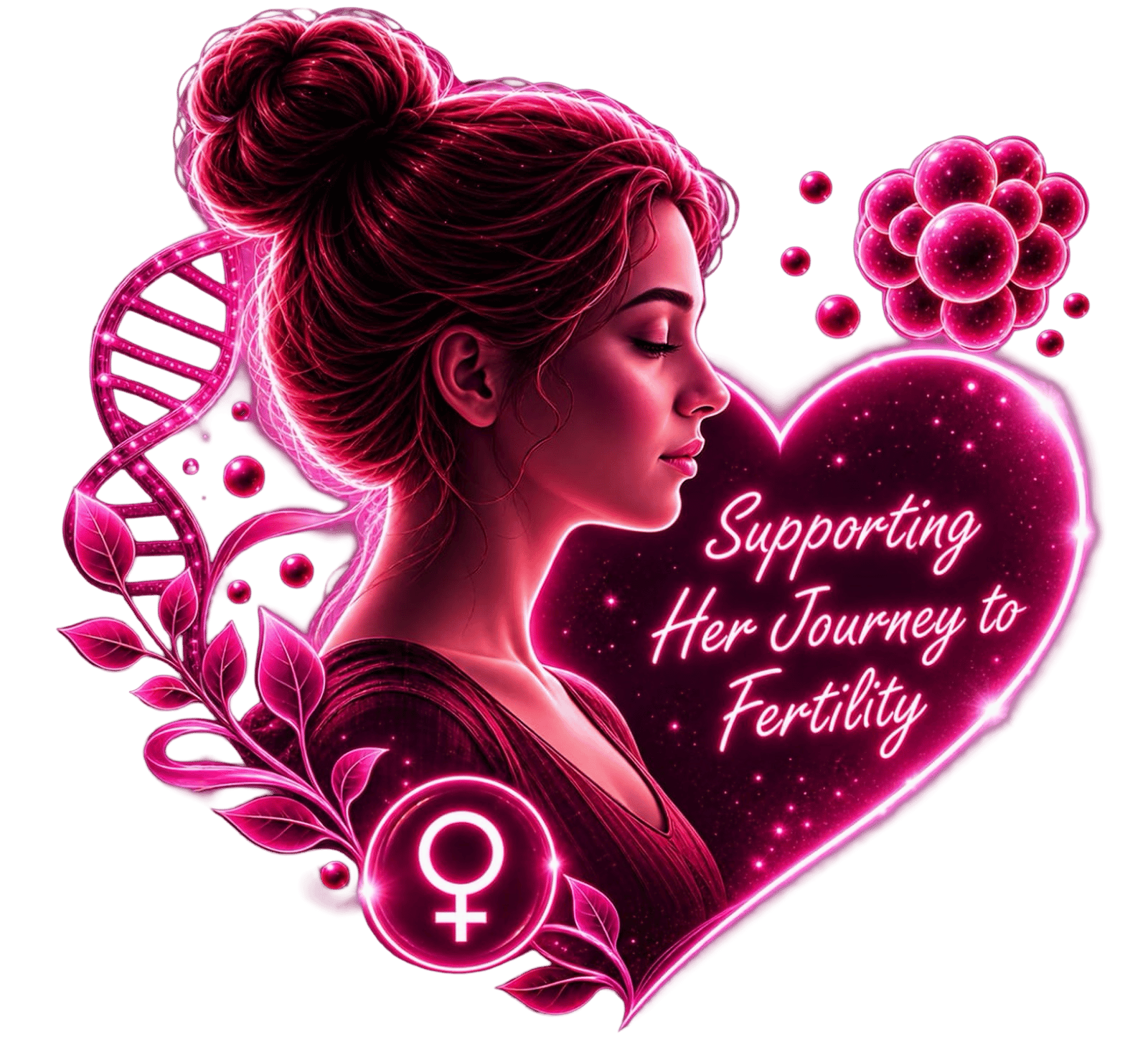 Woman in profile beside a glowing heart reading “Supporting Her Journey to Fertility”