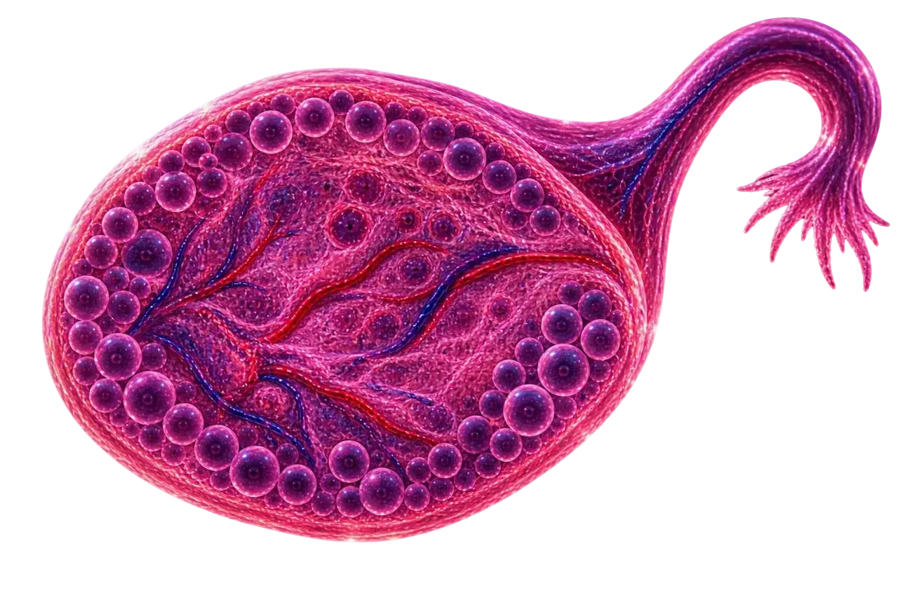 Illustrated ovary with multiple follicles and a fallopian tube