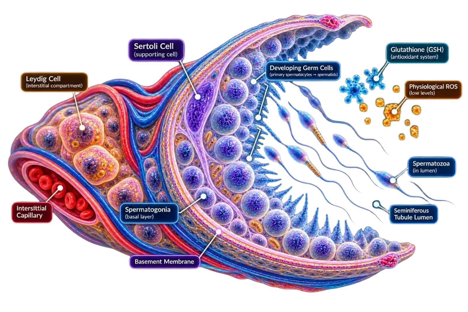 Labeled anatomy of the seminiferous tubule and its testicular cellular microenvironment