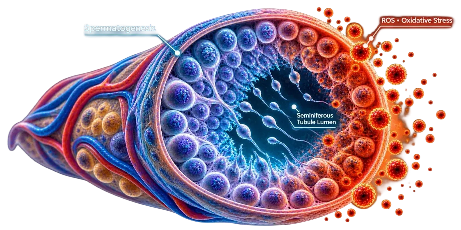 Seminiferous tubule showing the transition from healthy cells to oxidative damage